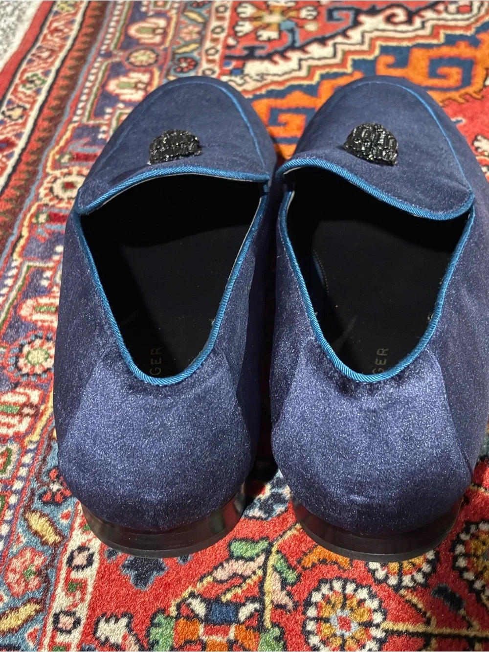 Kurt Geiger Navy Velvet Loafers with Blue Trim and Embellished Crest